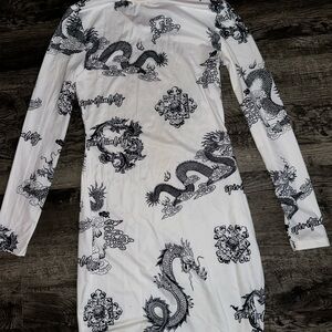 White and Black Dragon Print Dress